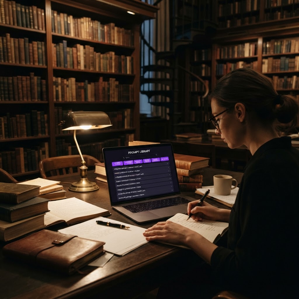 Dark research prompt library with violet academic category tabs