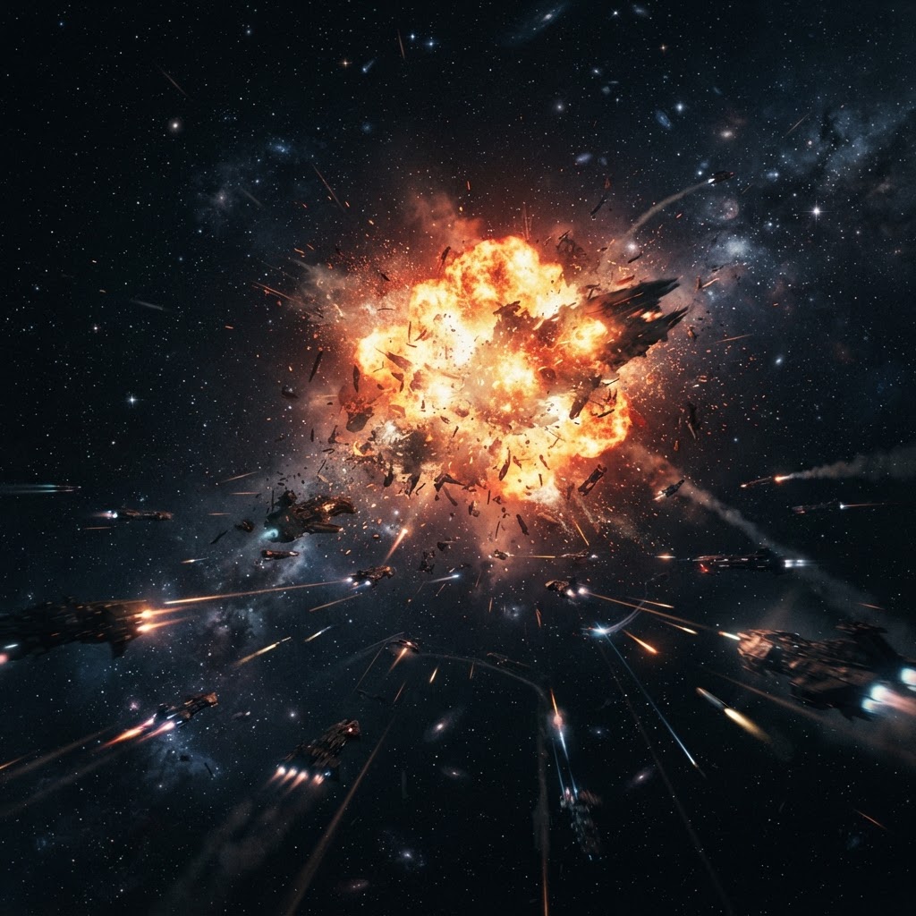 Deep space explosion, distant stars, dark atmospheric space battle