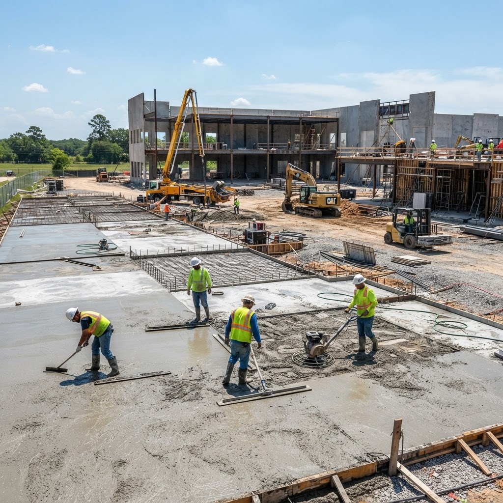 Commercial construction project in Southeast Texas, professional concrete work on a large building site