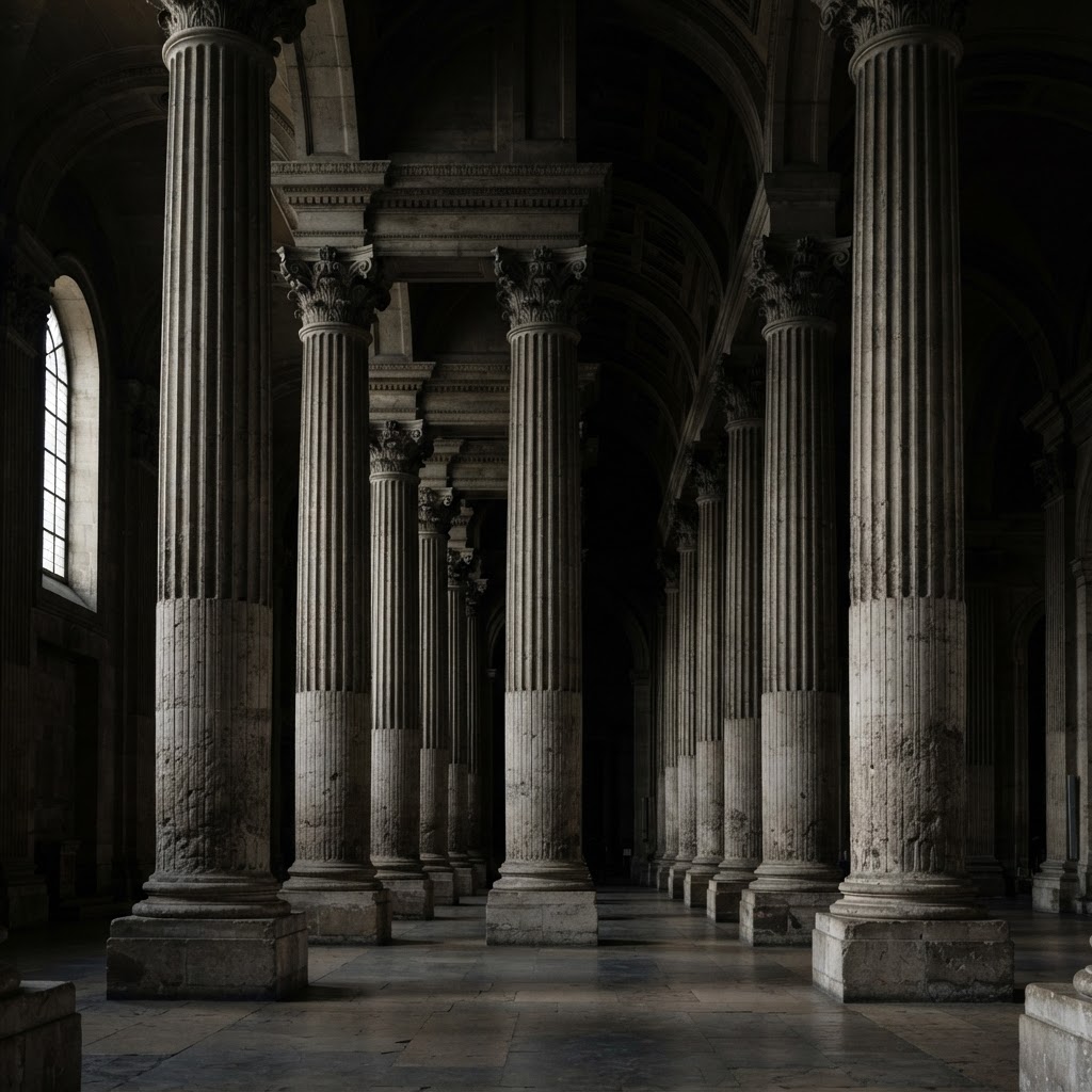 Architectural columns in deep shadow with precise structural lines — institutional authority and permanence