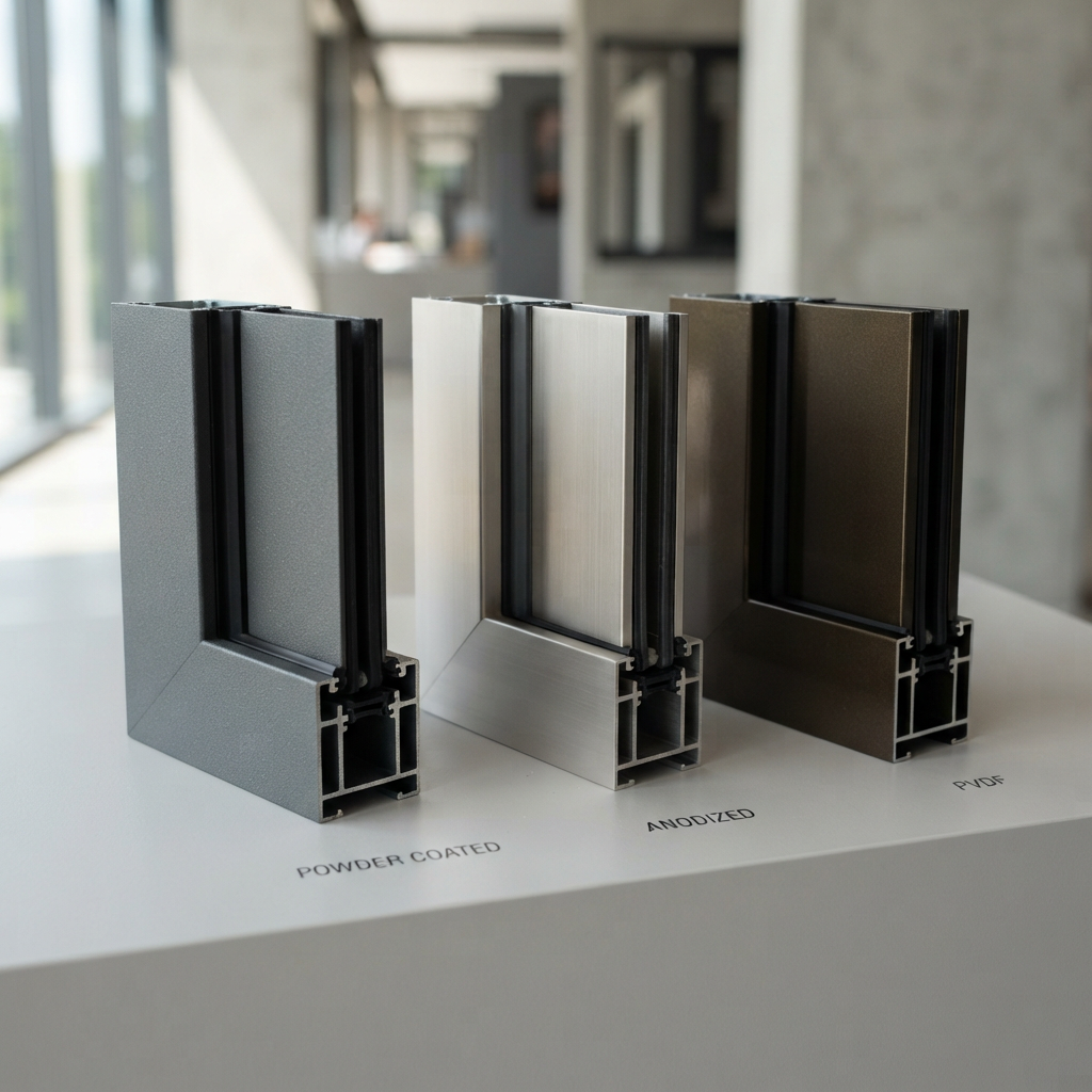 Close-up comparison of powder-coated, anodized, and PVDF-finished aluminium window frame samples