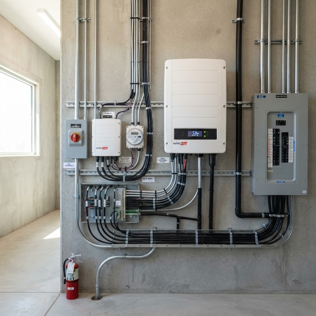 Solar inverter installed on wall, clean electrical setup, indoor environment, bright lighting