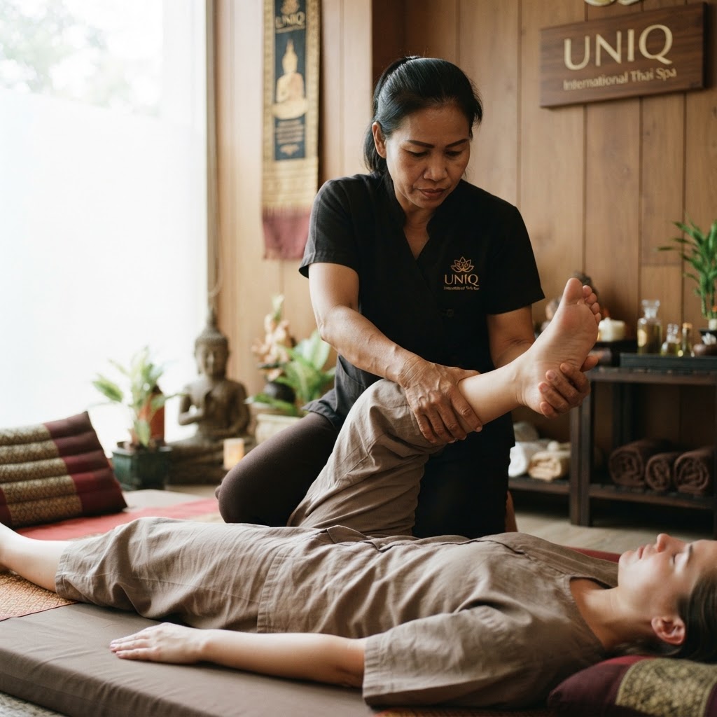 Professional Royal Thai massage therapist performing traditional assisted stretching technique in a serene private room at UNIQ International Thai Spa