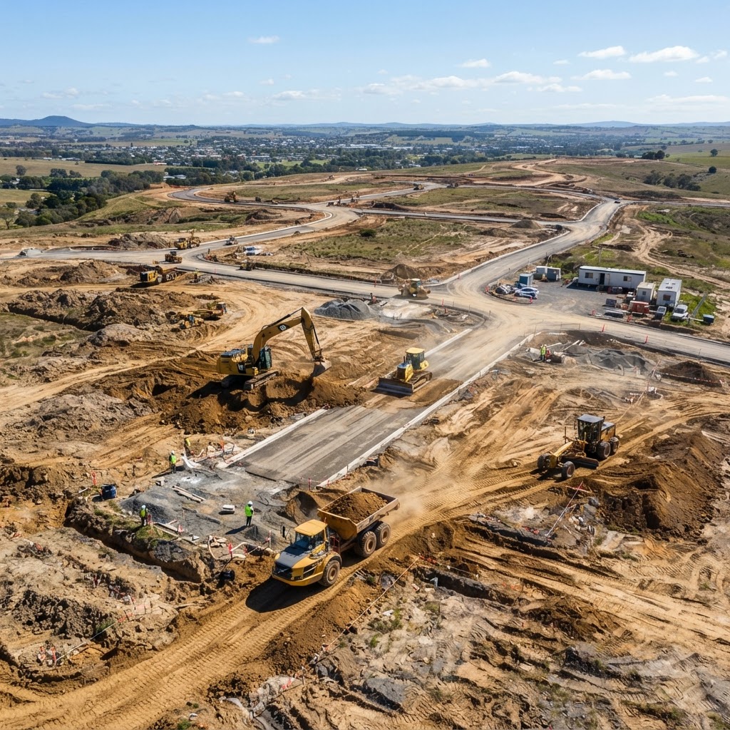 Land development and layout construction with earthwork, open land in bright sunlight