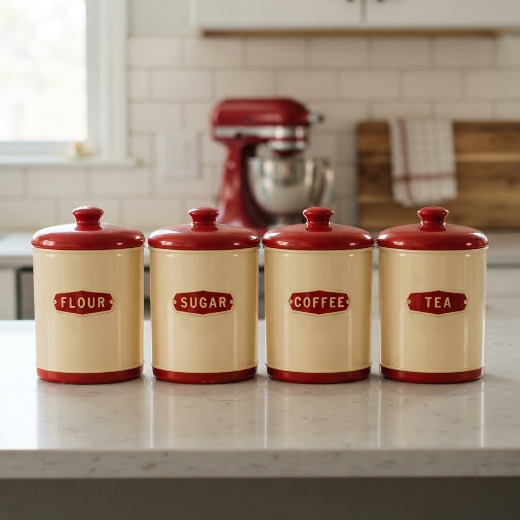 Four matching cream and red Bakelite kitchen canisters
