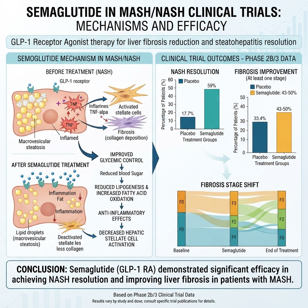 Liver disease MASH NASH treatment with semaglutide GLP-1 receptor agonist showing liver fibrosis reduction and steatohepatitis resolution in clinical trial