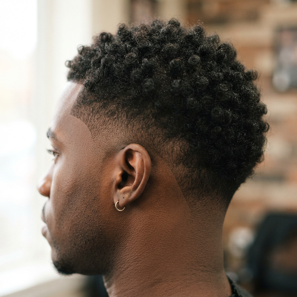 Low drop fade behind the ear on short curls