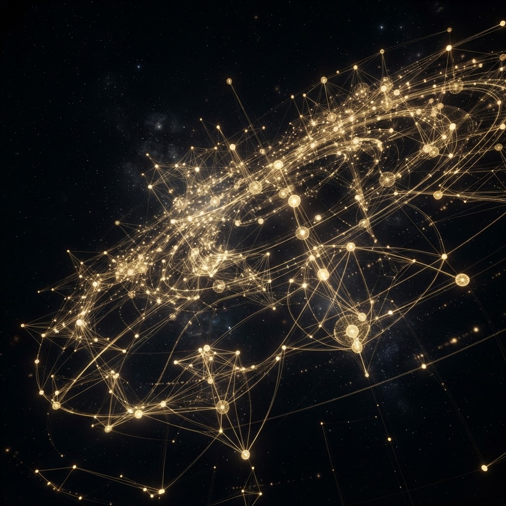 Precision data constellation with fine gold nodes against deep black space — intelligence systems