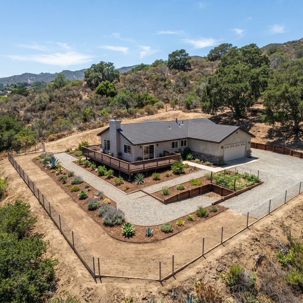 Maintained defensible space around California residential property with cleared brush perimeter