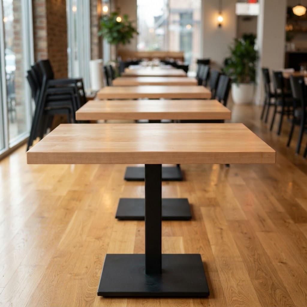 Square maple restaurant tables with clean edges, commercial grade, modern restaurant
