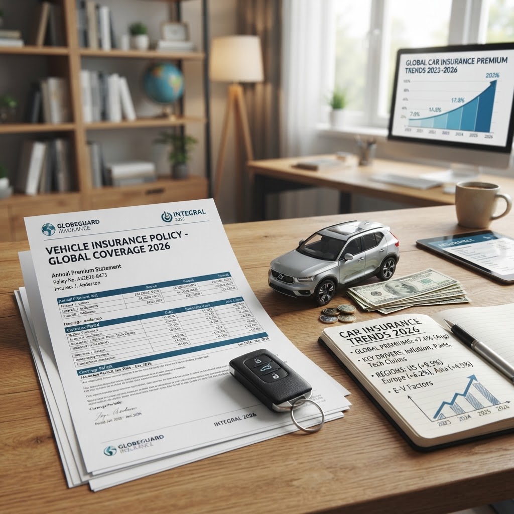 Car insurance documents, keys, and a miniature car model on a desk representing global car insurance costs and premium trends 2026