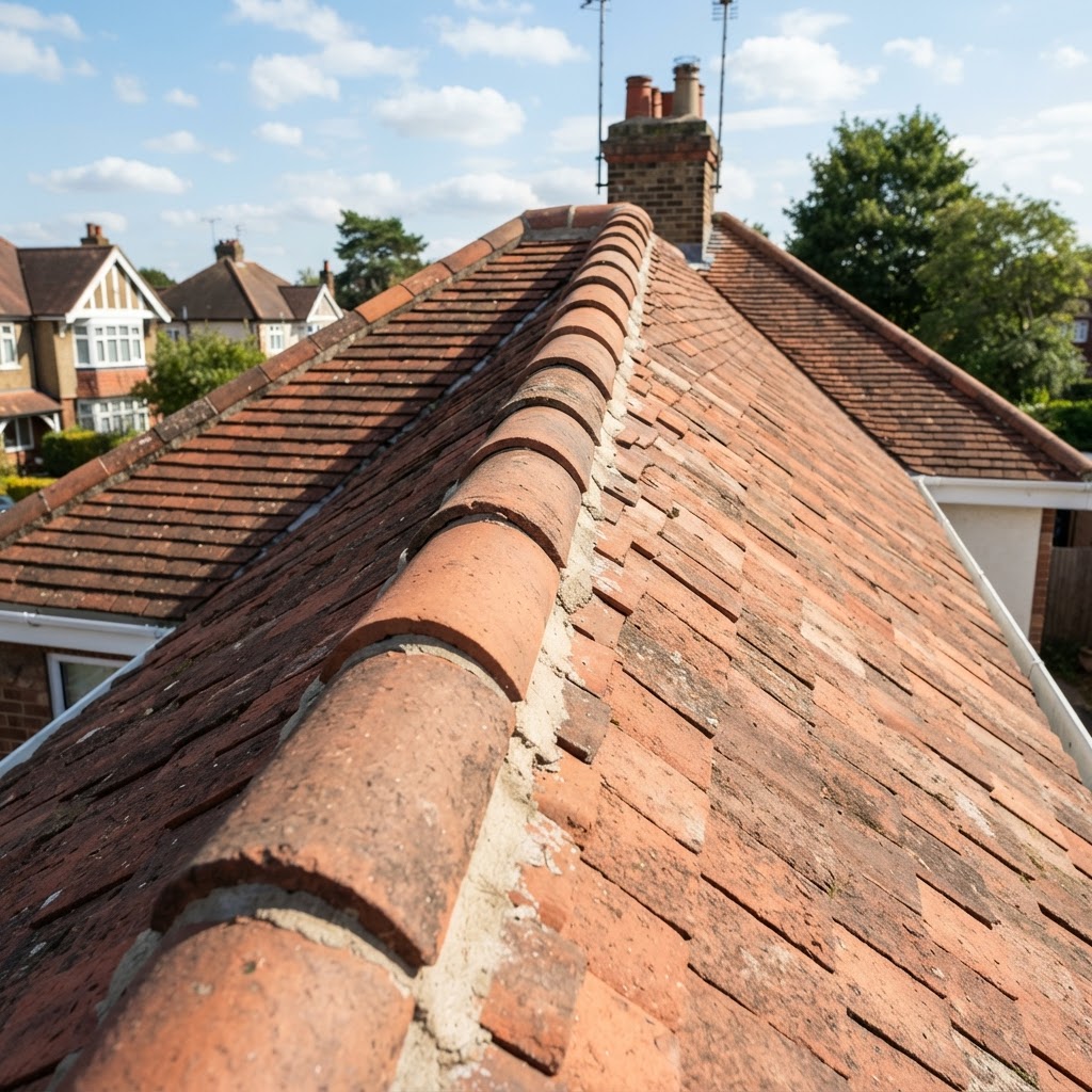 Clay ridge caps on a roof ridge