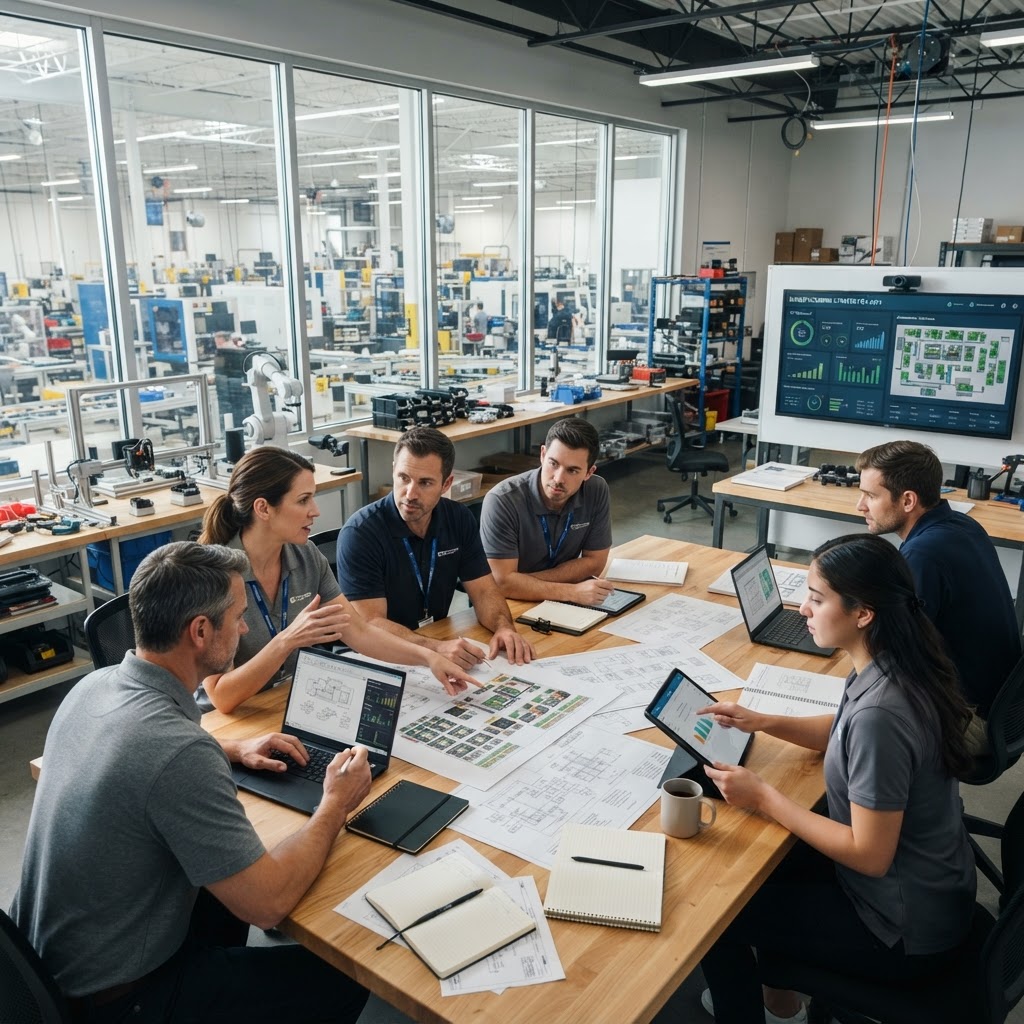 Engineering and innovation consulting — engineers collaborating on manufacturing strategy and technology solutions