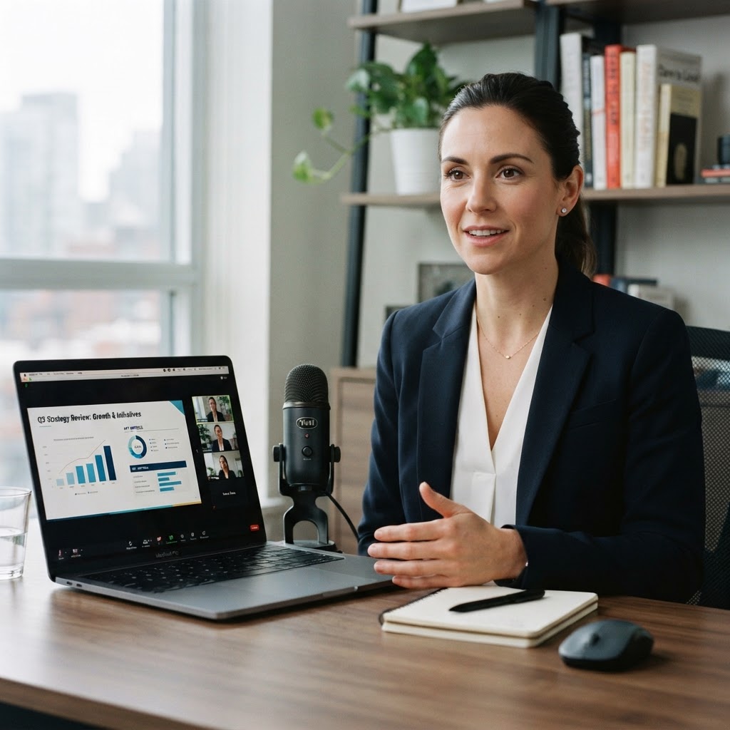 Professional presenting slides during an online team meeting, calm and organized delivery