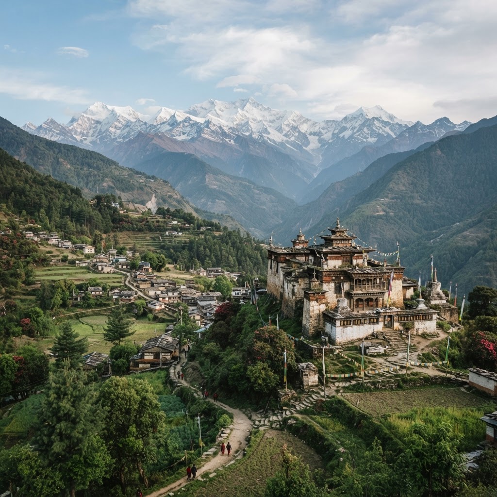 Pedong village with ancient monastery and Himalayan mountain backdrop