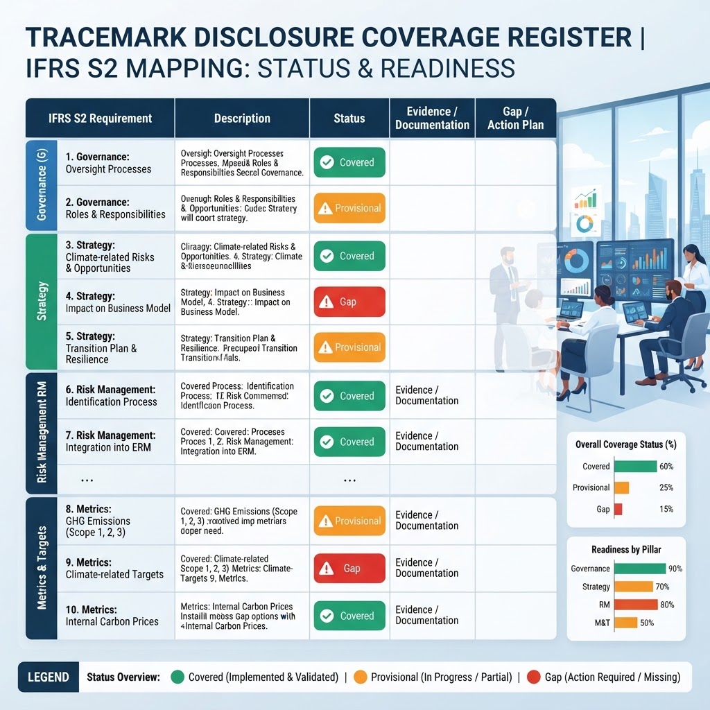 Tracemark disclosure coverage register showing IFRS S2 requirements mapped to covered, provisional and gap status