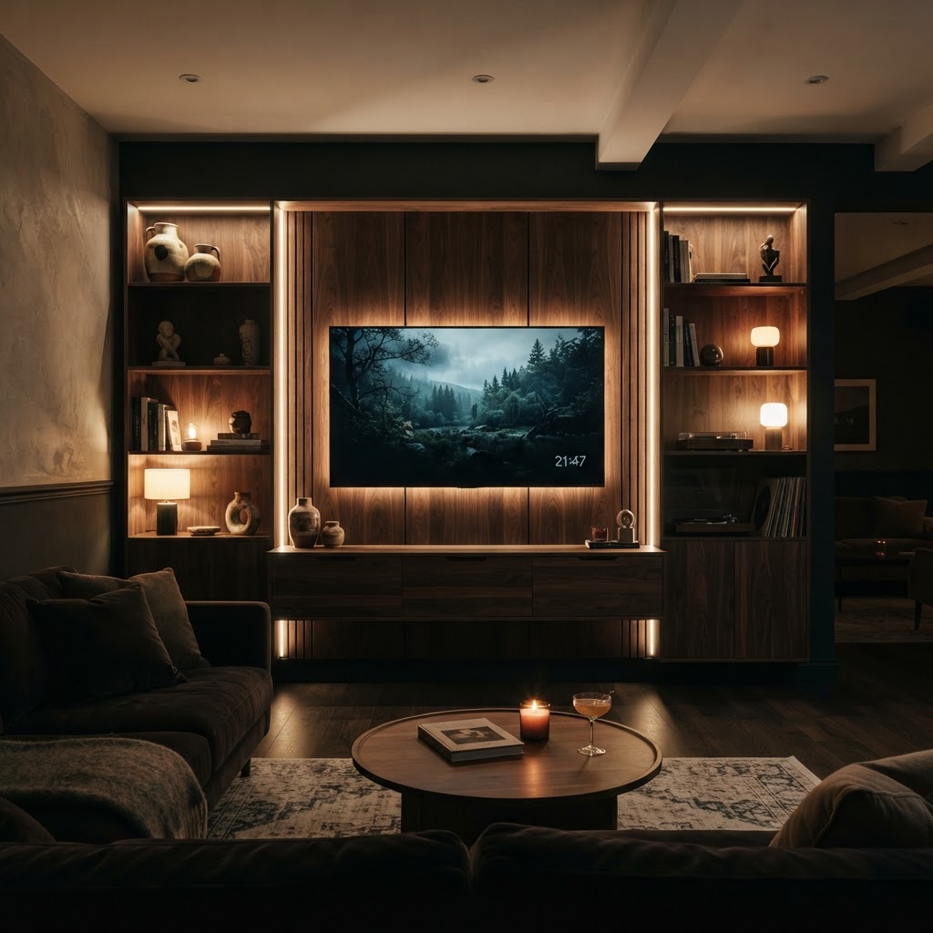 Custom TV wall with built-in shelving and LED backlighting
