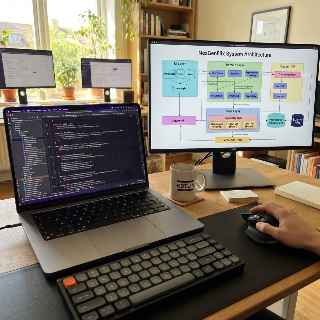 Advanced Android Kotlin code on laptop with complex app architecture diagram on bright screen