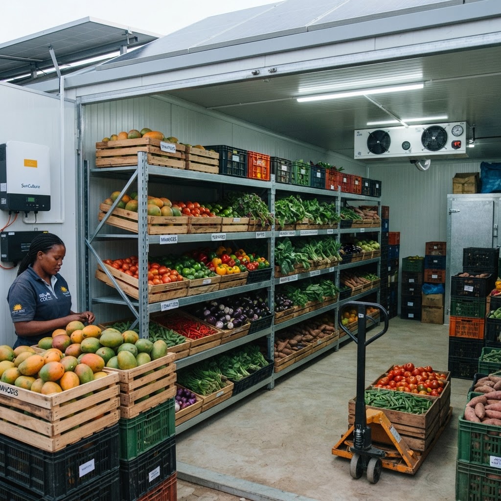Mangues, tomates, poivrons et légumes frais africains conservés dans une chambre froide solaire