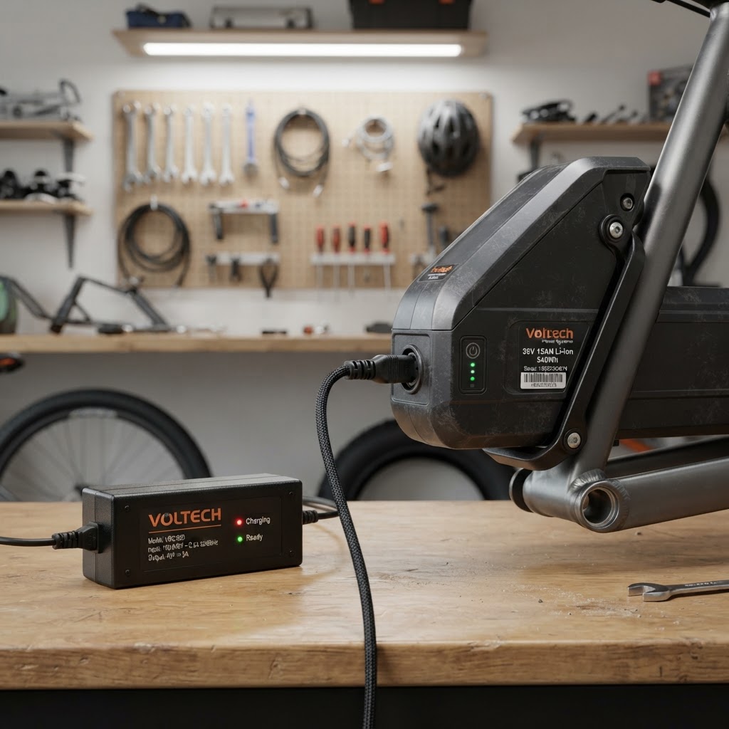 Voltech charger connected to electric bicycle battery pack in garage