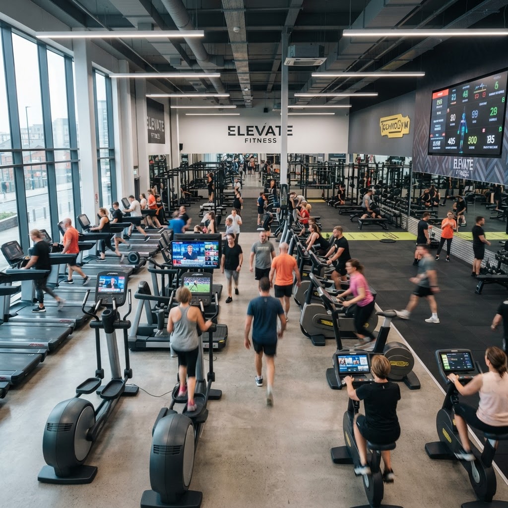 Gym fitness centre with integrated TV entertainment system on cardio machines in Dubai UAE