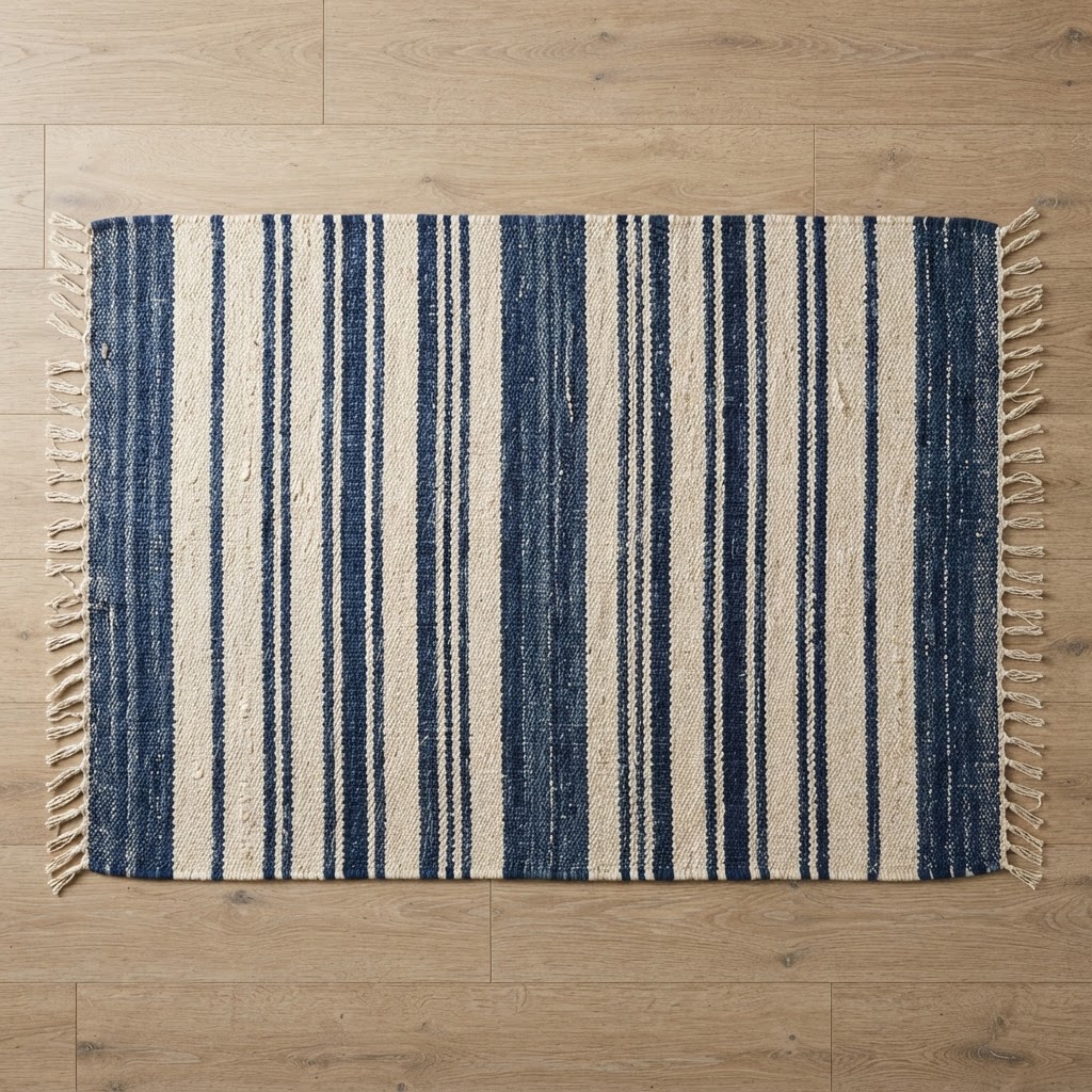 Cotton durrie with striped pattern in natural cream and indigo tones, flat weave texture visible
