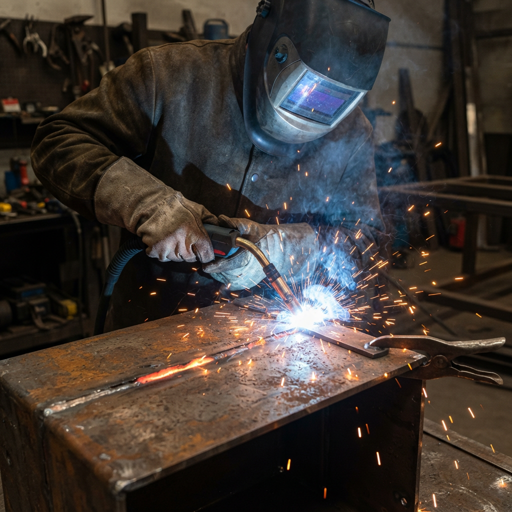 Close-up of a fabricator welding a metal box seam