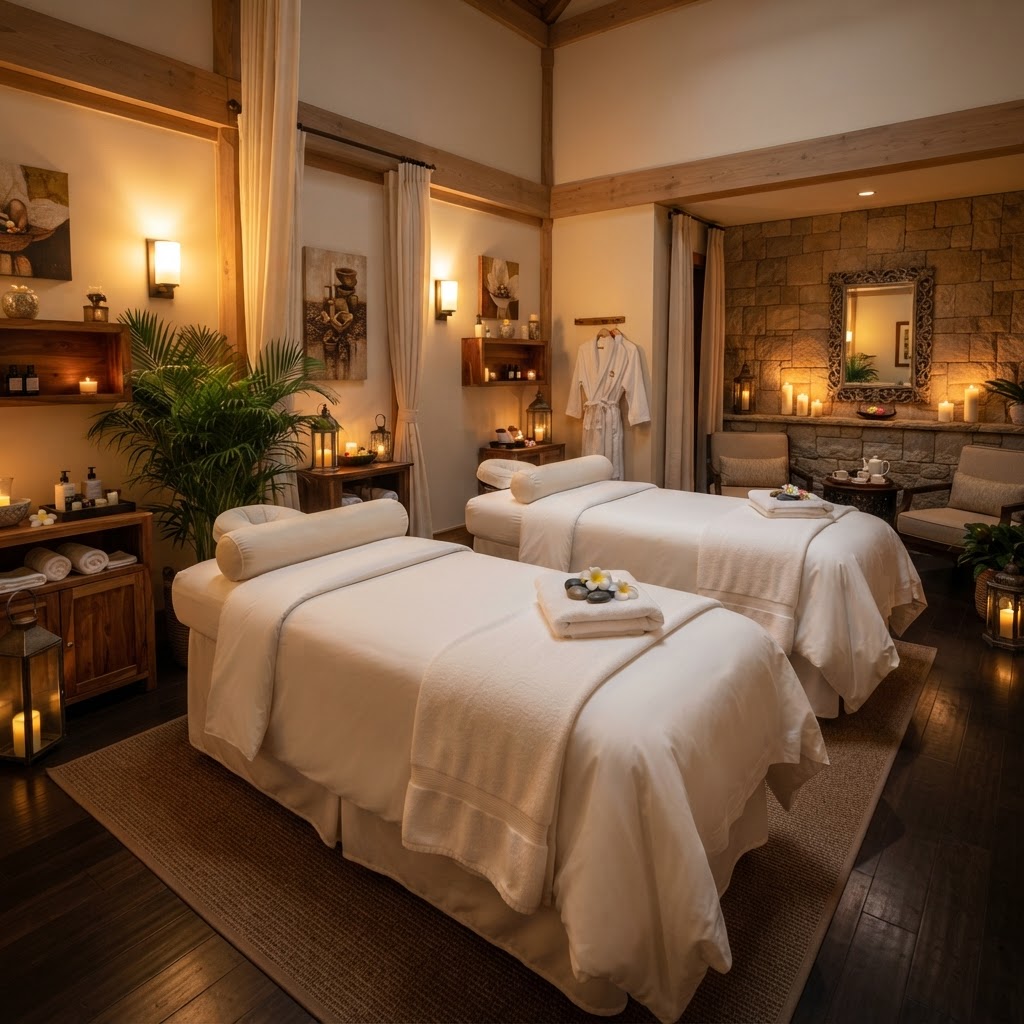 Couple spa treatment room with dual massage beds, warm ambient lighting and premium furnishings at UNIQ International Thai Spa