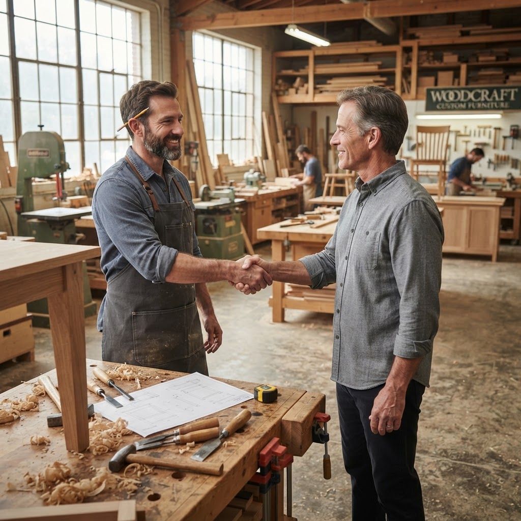 Handshake agreement on a custom furniture project, workshop setting in background