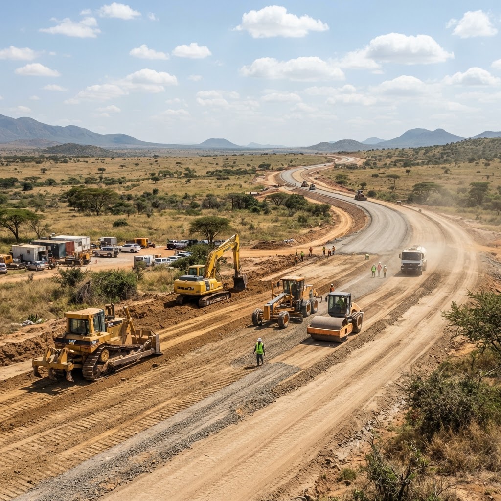 African infrastructure development — road construction, open landscape, industrial machinery