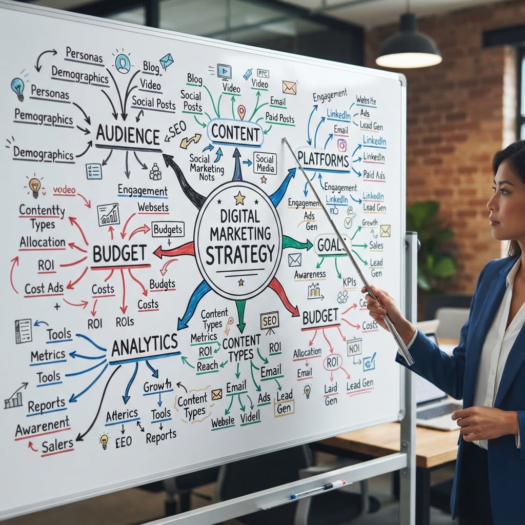 Marketing strategists mapping a campaign plan on a whiteboard