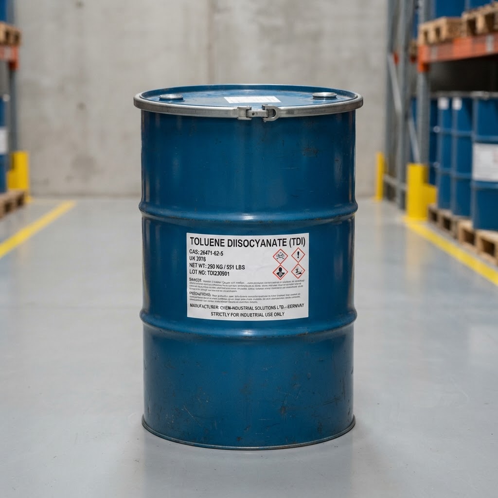 Toluene diisocyanate TDI chemical in sealed industrial drum, polyurethane foam raw material