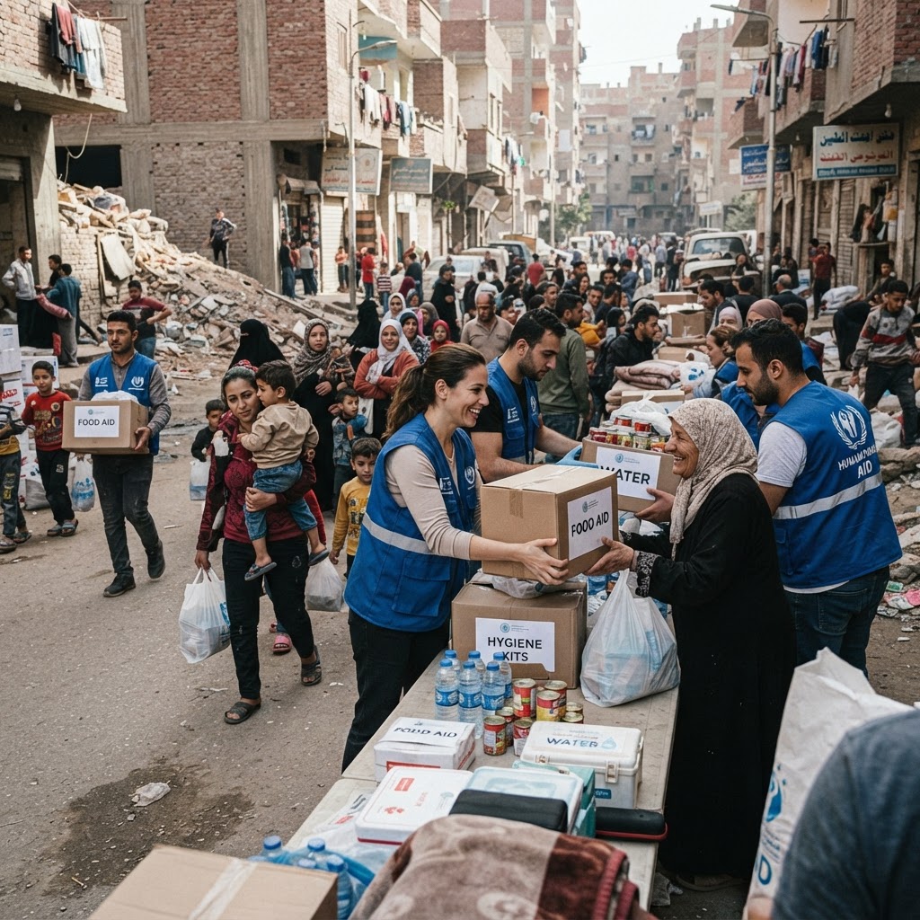 Humanitarian aid workers distributing supplies in an urban neighborhood, community assistance and relief operations