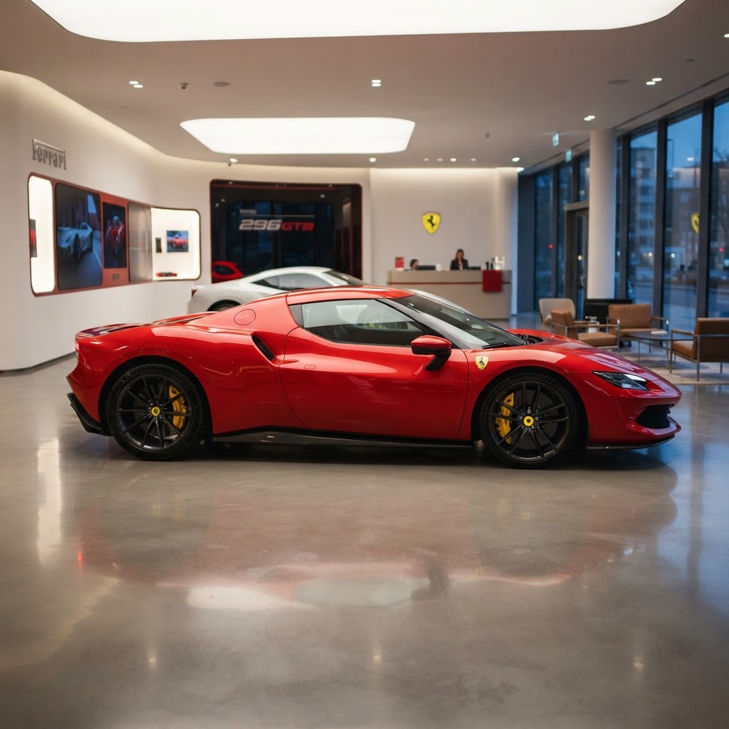 Ferrari supercar in a showroom — the Maranello factory produces fewer than 14,000 cars per year to maintain exclusivity