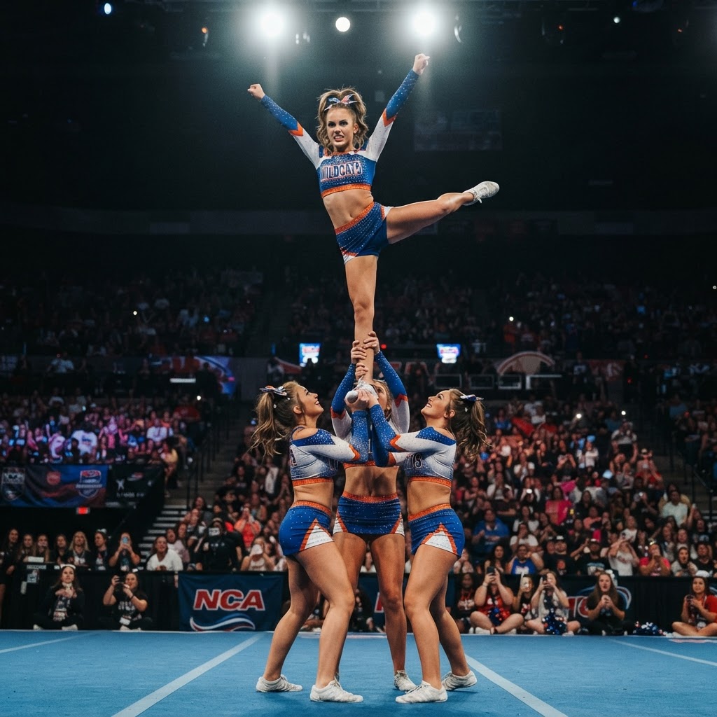 All-star cheerleading team in uniform performing a stunt under dramatic arena spotlights