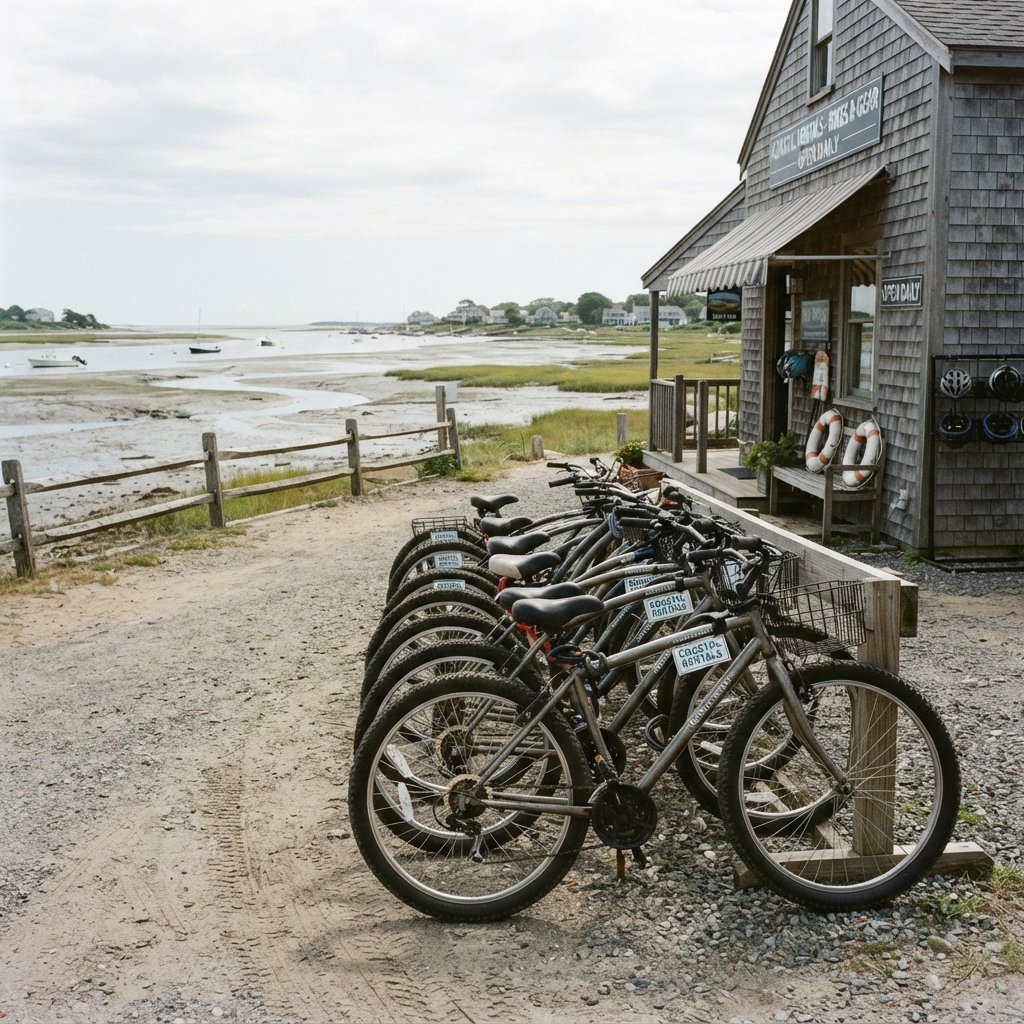 Rental bicycles lined up beside a shingled shop near a tidal flat