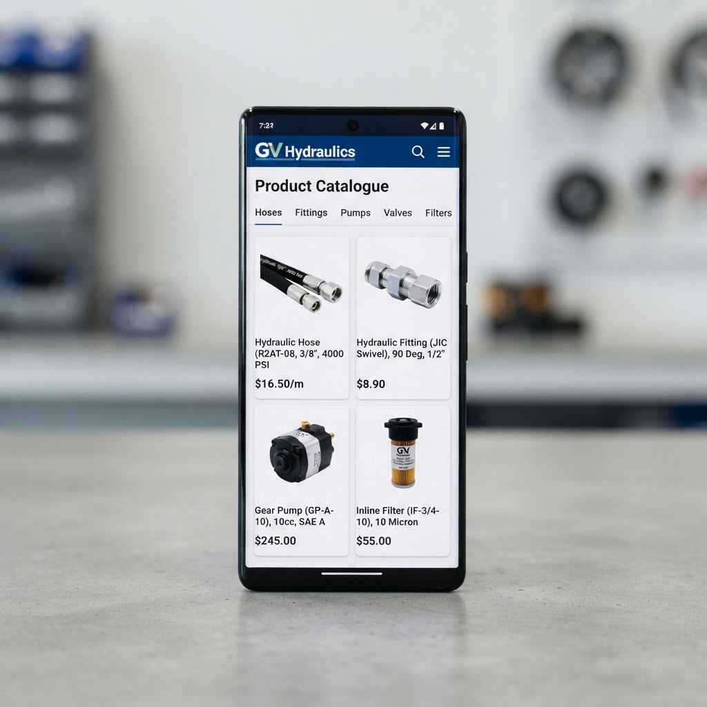 GV Hydraulics mobile app showing product catalogue on smartphone screen