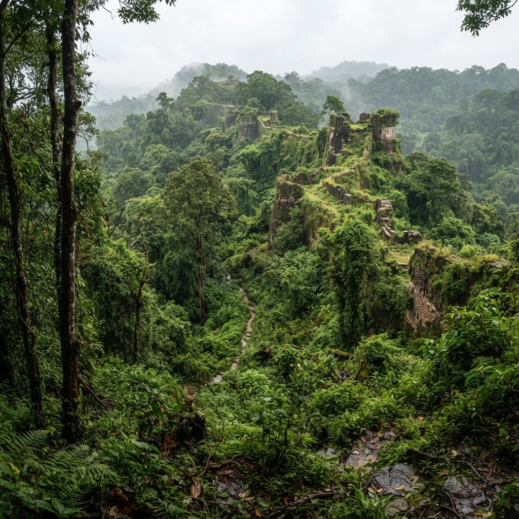 Buxa Tiger Reserve dense jungle with historic fort ruins on hilltop