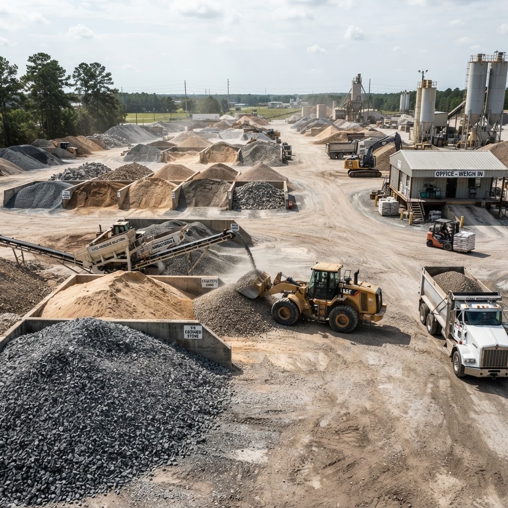 Construction aggregate materials and crushed stone at a Southeast Texas materials yard, quality aggregate supply